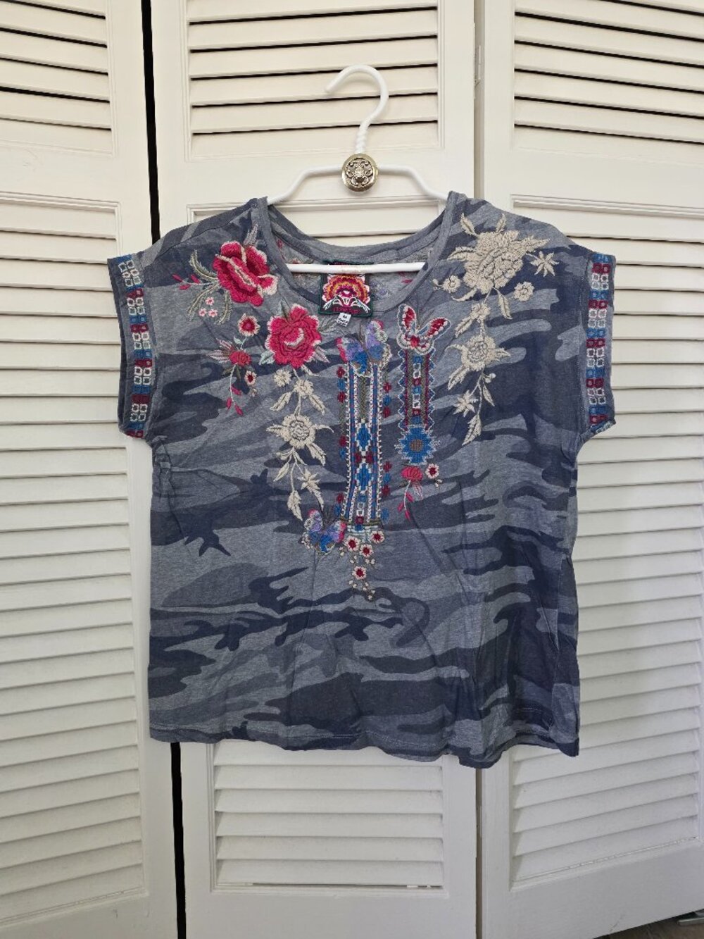 Johnny Was Camo Flora/Butterfly Embroidered Tee